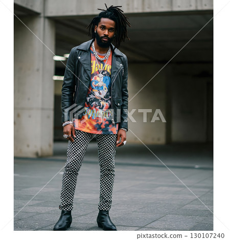 A black man, around 25-35 years old, with dreadlocks, stands confidently in a black leather jacket and checkered pants. Generative AI. 130107240