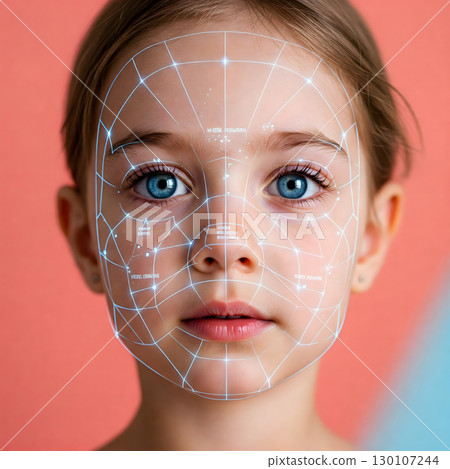 A digital grid overlays a young adult female's face, illustrating facial recognition technology or biometric scanning. Generative AI. 130107244
