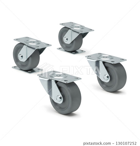 Four individual, gray caster wheels with metal mounting plates are arranged on a white background, ready for attachment. Generative AI. 130107252