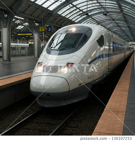 A sleek, modern, white high-speed train awaits at a station platform under a vaulted glass ceiling, ready for departure. Generative AI. 130107253