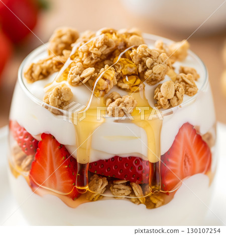 A close-up of a glass of yogurt parfait layered with fresh strawberries, granola, and drizzled with honey. Generative AI. A close-up of a glass of yogurt parfait layered with fresh strawberries, granola, and drizzled with honey. Generative AI. 130107254