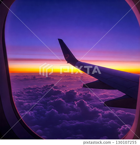 A breathtaking view of purple-hued clouds and a vibrant sunset horizon is seen from an airplane window with a wing visible. Generative AI. 130107255