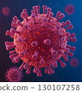 A magnified red virus with prominent spike proteins and smaller orange dots floats against a dark blue background. Generative AI. 130107258