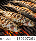 whole grilled sardines with visible char marks and seasoning are cooking on a metal barbecue grate over hot embers. Generative AI. 130107261