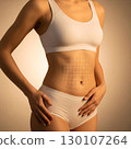 A female torso is depicted with a white grid overlay on the abdomen, suggesting body contouring or improvement. Generative AI. 130107264
