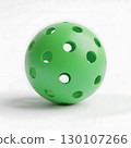 A single bright green pickleball is shown with numerous holes on a white background, ready for play. Generative AI. 130107266