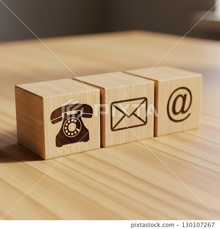 Three wooden blocks display symbols for telephone, email, and at-sign, representing various contact methods on a wooden table. Generative AI. 130107267