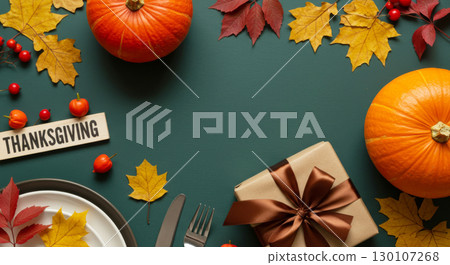 Thanksgiving flat lay with pumpkins, autumn leaves, and a gift on a dark green background with copy space. Thanksgiving flat lay with pumpkins, autumn leaves, and a gift on a dark green background with copy space. 130107268