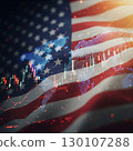 Waving American flag with a world map and bright stock market candle charts and line graph overlaid. Generative AI. 130107288