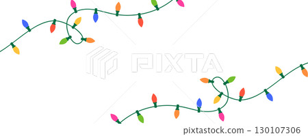 Christmas color light string garland. Holiday bright decoration. Celebration party frame. Fairy glowing bulb. Led neon lamp banner. New Year luxury string baubles. Vector illustration 130107306