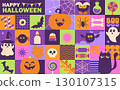 Happy Halloween, horizontal geometric banner. Poster with symbols of holiday-monster pumpkins, bat, spiders,candies. Template for web, flyers, ad, social media, promotions. Vector illustration. 130107315