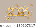 Elegant banner for celebrating 2026 New Year with golden numbers and confetti. Minimalistic greeting card for happy event. Template for design, poster, flyer, web, invitations congratulations. Vector 130107317