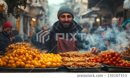 Smiling Street Food Vendor with Grilled Skewers 130107353