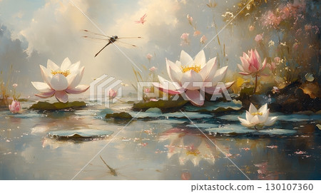 Dreamy Lily Pond Painting with Dragonfly and Blossoms Dreamy Lily Pond Painting with Dragonfly and Blossoms 130107360
