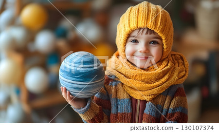Young Boy Holds Blue Marble Sphere Ornament Smiling 130107374