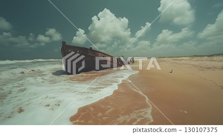 Shipwreck Remains on Beach, Ocean Waves 130107375