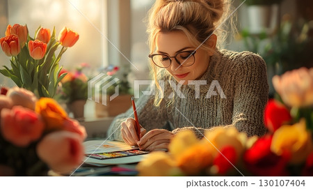 Woman Painting with Watercolors near Window Light 130107404