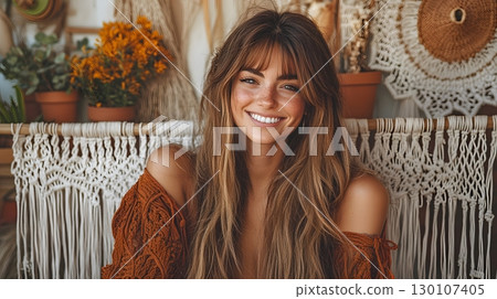 Beautiful Woman Smiling in Boho Setting 130107405