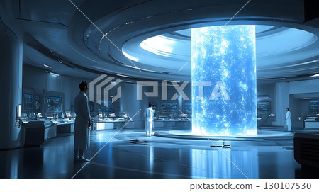 Scientists Studying Energy Column in Futuristic Lab 130107530