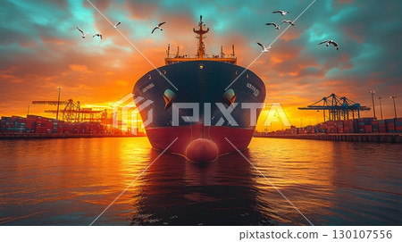 Cargo Ship Entering Port at Sunrise 130107556
