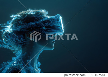Woman wearing VR headset in glowing digital... - Stock Illustration ...