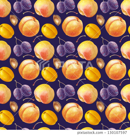 Watercolor seamless pattern with fruits on a dark background. Peaches, apricots, plums with pits and twigs. Botanical seamless background with juicy seasonal fruits. For packaging, wallpaper, kitchen 130107597