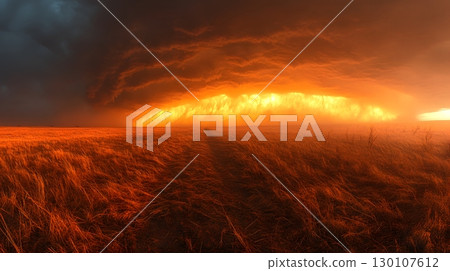 Apocalypse Setting: Fiery Sky Over Arid Field 130107612