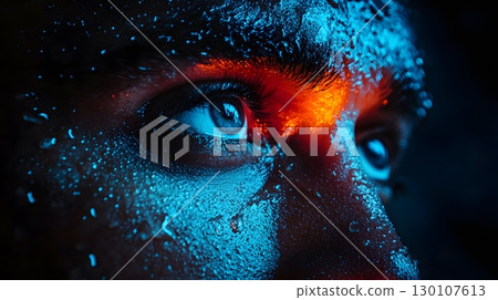 Intense Close-up of a Person's Face with Striking Lighting 130107613