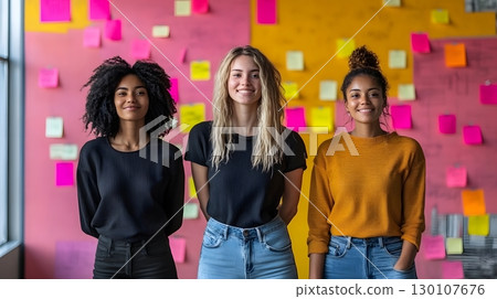 Three Smiling Diverse Young Women Standing Together 130107676