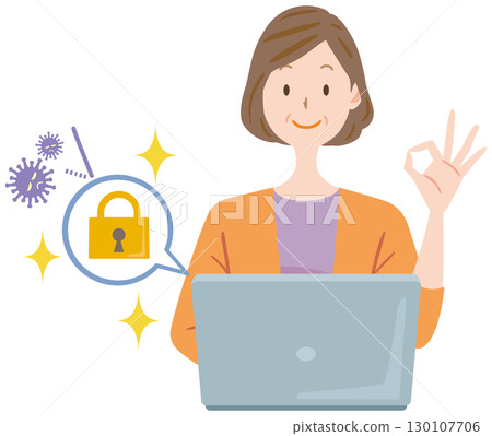 一名中年婦女正在為她的電腦採取安全措施 130107706