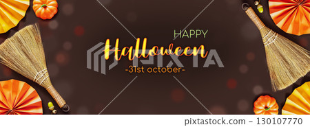 Halloween holiday banner. Autumn composition with halloween decorations on a brown background with bokeh effect and congratulation inscription. Halloween background. Flat lay, Banner size Halloween holiday banner. Autumn composition with halloween decorations on a brown background with bokeh effect and congratulation inscription. Halloween background. Flat lay, Banner size 130107770