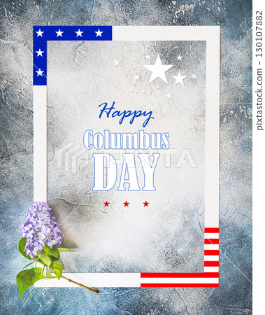 Vertical spring composition with a white frame and a fresh sprig of lilac on a blue textured background with copy space for lettering and text. Empty place for inspirational text ore lovely quote Vertical spring composition with a white frame and a fresh sprig of lilac on a blue textured background with copy space for lettering and text. Empty place for inspirational text ore lovely quote 130107882