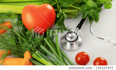 Healthy food concept. Natural vegetables with stethoscope and red heart on white table. Vegetarian and vegan diet Healthy food concept. Natural vegetables with stethoscope and red heart on white table. Vegetarian and vegan diet 130107955