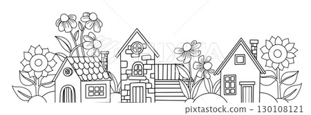 Coloring book. Composition with a cute autumn house and sunflowers, vector illustration. Drawing for a children's cartoon. 130108121