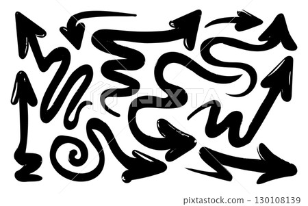 Arrows set hand drawn bold created with brush and marker. Doodle thick arrows in multiple directions including curly, circular, and rotation symbols. Black sketch arrows with wobble effect in grunge  130108139