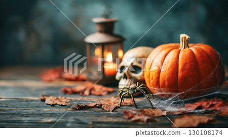 Halloween-themed still life featuring a carved pumpkin, skull, lantern, spider, and autumn leaves creating a spooky atmosphere for seasonal decor 130108174