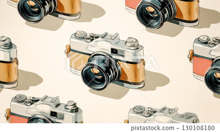 Vintage camera pattern illustration featuring multiple retro cameras with intricate details and vibrant colors, showcasing classic photography equipment design 130108180
