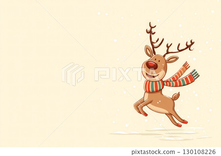 Cheerful cartoon reindeer wearing a colorful striped scarf, joyfully leaping against a soft pastel background, perfect for festive holiday designs 130108226