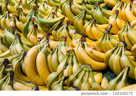 Dozens of ripe and semi-ripe bananas arranged in bunches on a market display. Farm-to-table, local produce, sustainable farming, regional food systems 130108275