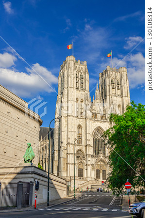 The Cathedral of St. Michael and St. Gudula medieval Roman Catholic cathedral Brabantine Gothic architecture style building with bell towers in Brussels city historical center, vertical view, Belgium The Cathedral of St. Michael and St. Gudula medieval Roman Catholic cathedral Brabantine Gothic architecture style building with bell towers in Brussels city historical center, vertical view, Belgium 130108314