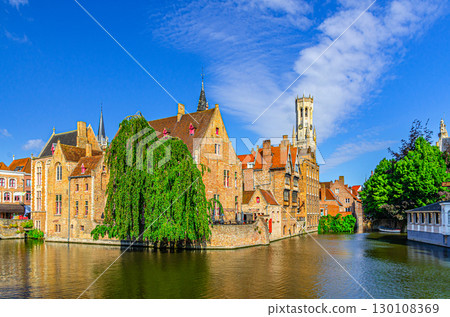 Bruges cityscape, Brugge old town scenic view historic city centre, Rosary Quay Rozenhoedkaai embankment, Boutique Hotel Relais Bourgondisch Cruyce, Belfort Belfry tower, Dijver water canal, Belgium 130108369