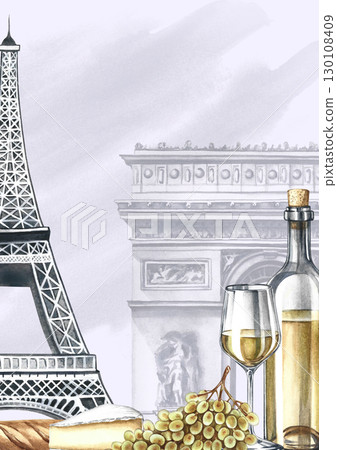Vertical frame with French wine. Hand-drawn watercolor illustration. Bottle of white wine, glass, bunch of grapes and cheese, Eiffel Tower and Arc de Triomphe. On a gray background. Vertical frame with French wine. Hand-drawn watercolor illustration. Bottle of white wine, glass, bunch of grapes and cheese, Eiffel Tower and Arc de Triomphe. On a gray background. 130108409