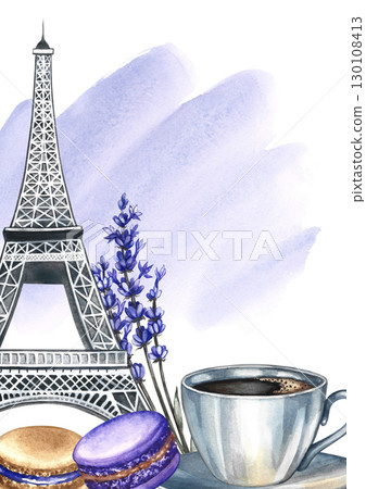 Frame and image of a coffee cup, macaroon almond cookie, and the Eiffel Tower. Hand-drawn watercolor illustration. On a purple watercolor background. For postcards, labels, flyers, menus, and posters. 130108413