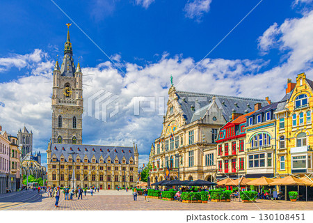 Belfry of Ghent Het Belfort van Gent medieval bell tower watchtower, Cloth hall Lakenhalle, Royal Dutch Theatre and Saint Nicholas' Church in Ghent city historical center, Flemish Region, Belgium Belfry of Ghent Het Belfort van Gent medieval bell tower watchtower, Cloth hall Lakenhalle, Royal Dutch Theatre and Saint Nicholas' Church in Ghent city historical center, Flemish Region, Belgium 130108451