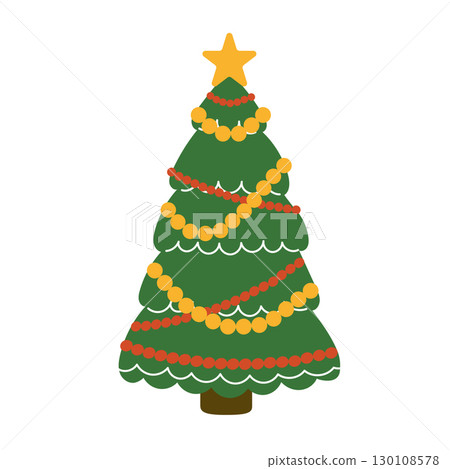 Christmas pine tree decorated with colorful beads, balls and star isolated on white background. 130108578