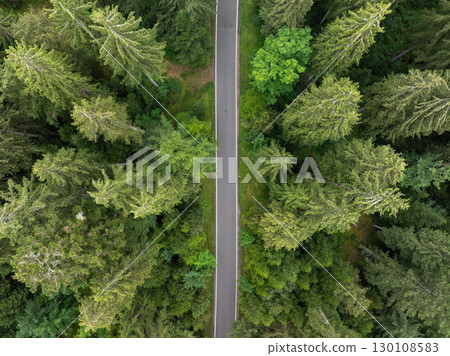 Aerial view of a scenic road cutting through a dense, vibrant green forest in Freudenstadt, Germany, showcasing the beauty of nature Aerial view of a scenic road cutting through a dense, vibrant green forest in Freudenstadt, Germany, showcasing the beauty of nature 130108583