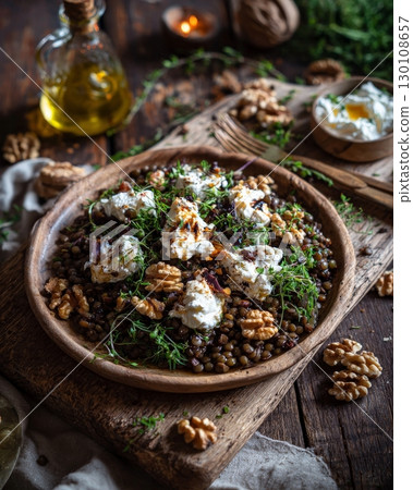 A rustic wooden plate with French lentil salad, topped with walnuts, herbs, and goat cheese, on a wooden table. 130108657