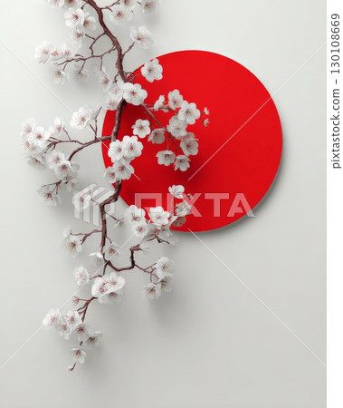 A branch of white cherry blossoms extends across a vivid red circle on a light background. Japanese flag and sakura blossom A branch of white cherry blossoms extends across a vivid red circle on a light background. Japanese flag and sakura blossom 130108669