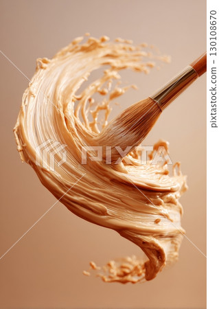 A makeup brush swirling through creamy beige foundation against a soft background. A makeup brush swirling through creamy beige foundation against a soft background. 130108670