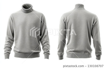 A gray wool turtleneck male sweater shown from the front and back. 130108707